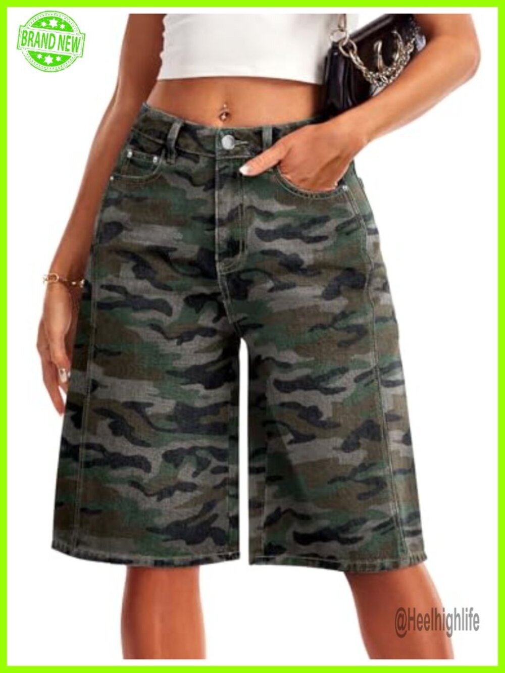 Womens High Waisted Denim Bermuda Jorts Wide Leg 12 Inseam 5 Pocket